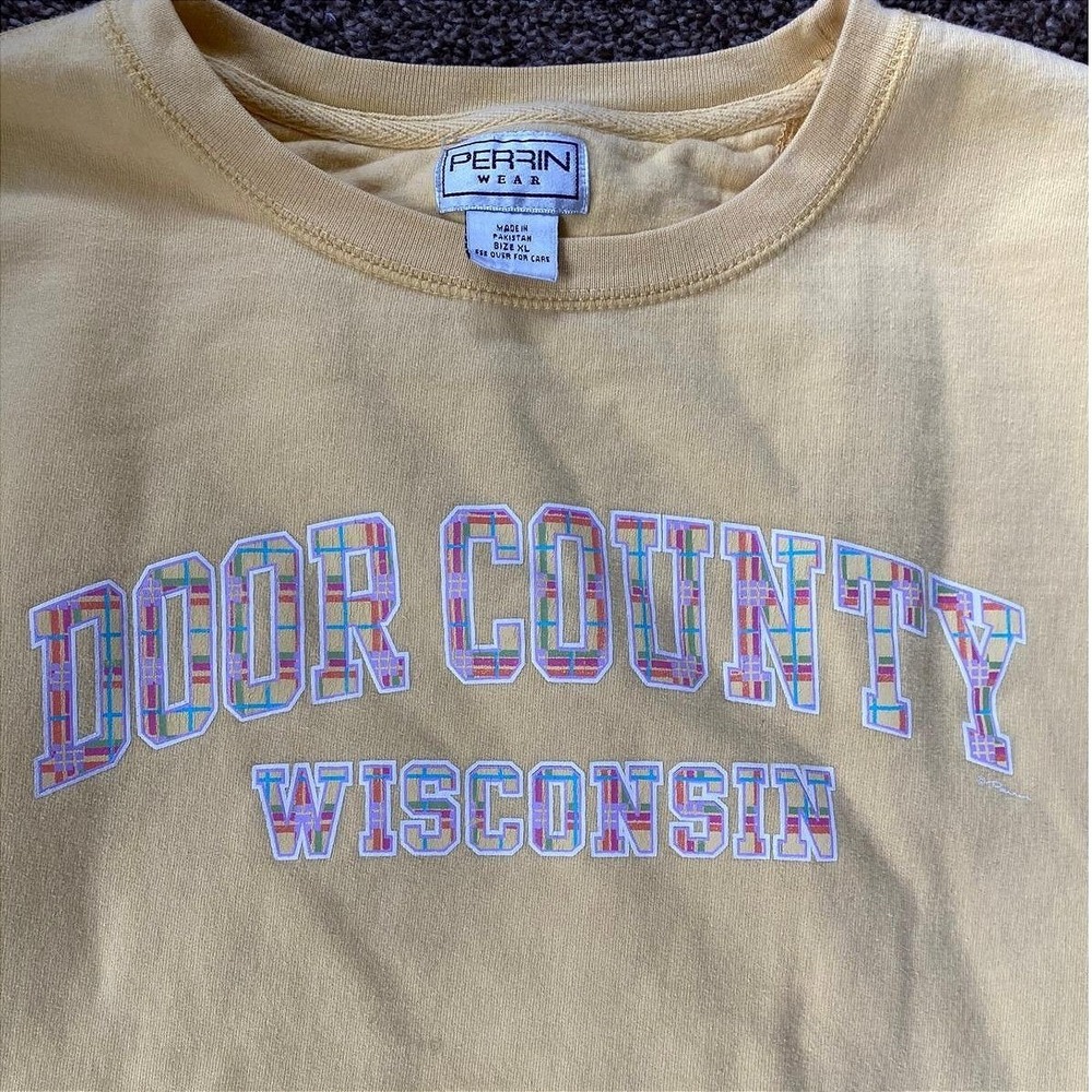 Vintage Y2K Door County Wisconsin Yellow Plaid Sweatshirt Pullover‎ XL Granola